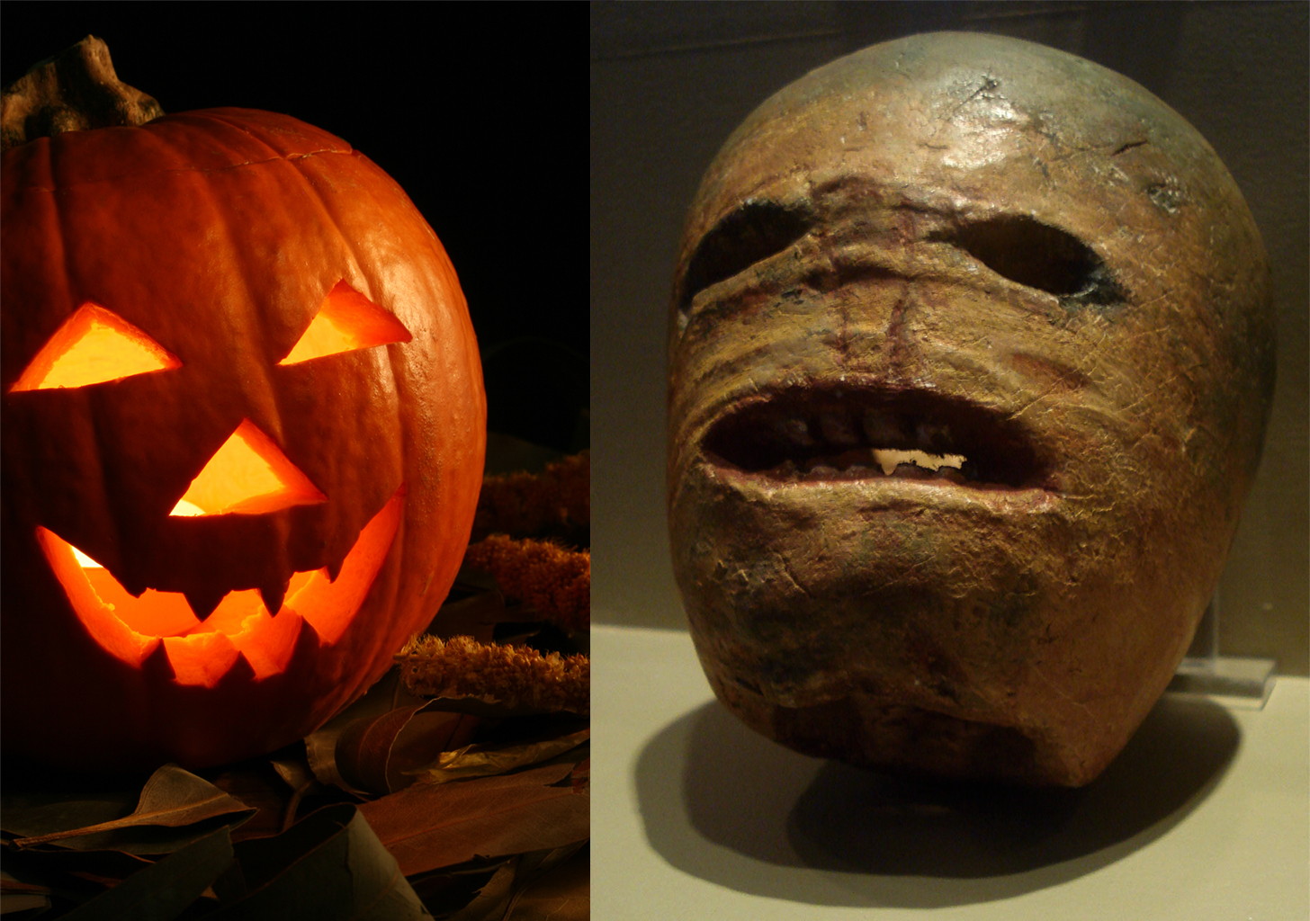 Pumpkin next to old carved Turnip